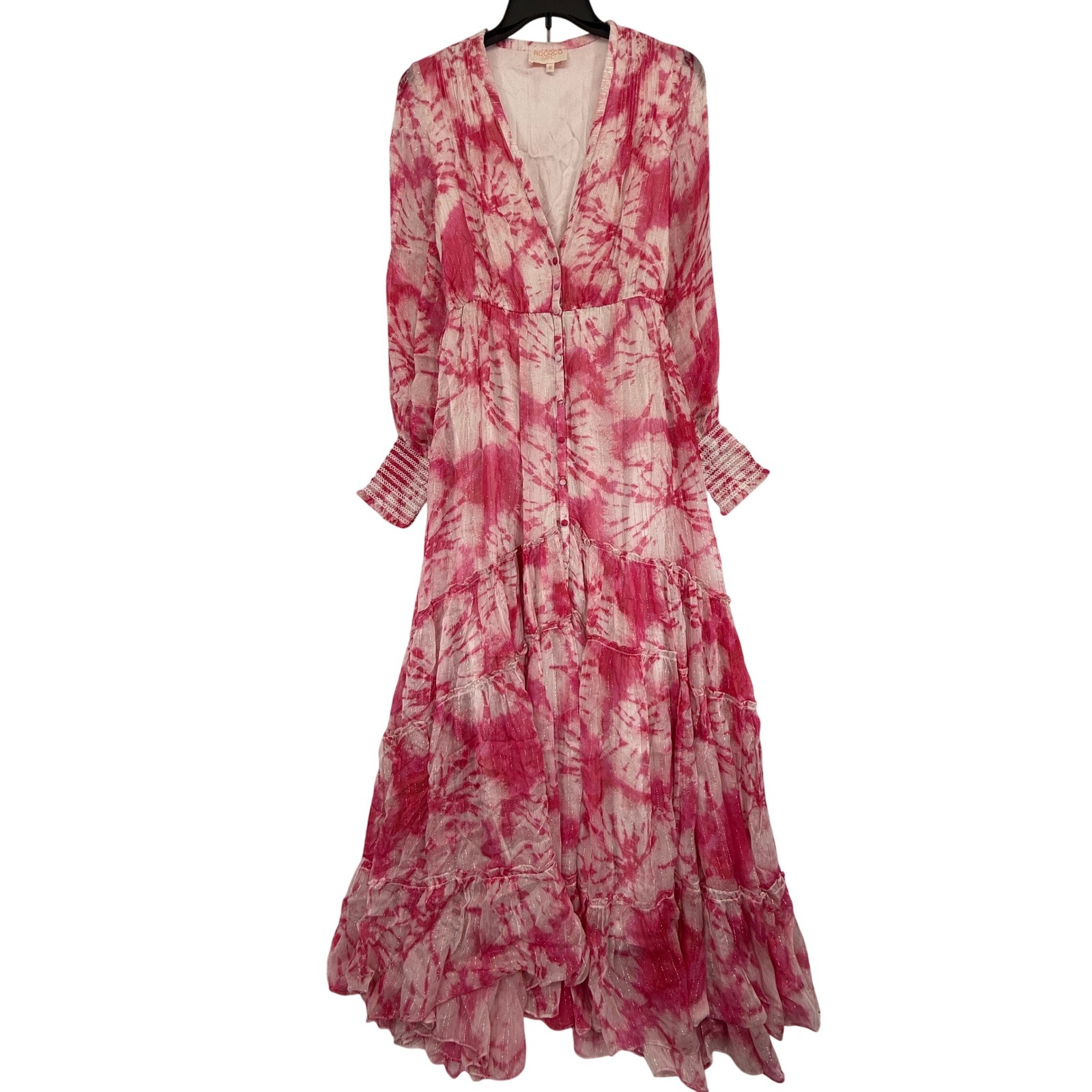 Rococo Sand Ava Maxi Dress Pink Tie Dye Gold Metallic Long Sleeve Size M